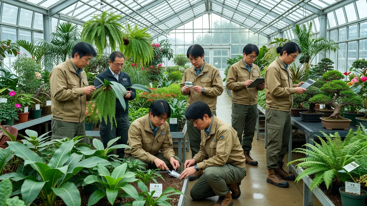 温室で植物の手入れをするスタッフ